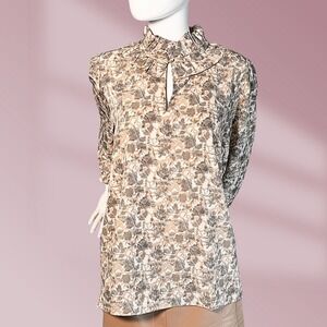 First Love By Lovelyn Beige Floral High Decorative Neck Top Blouse Sz L NWOT